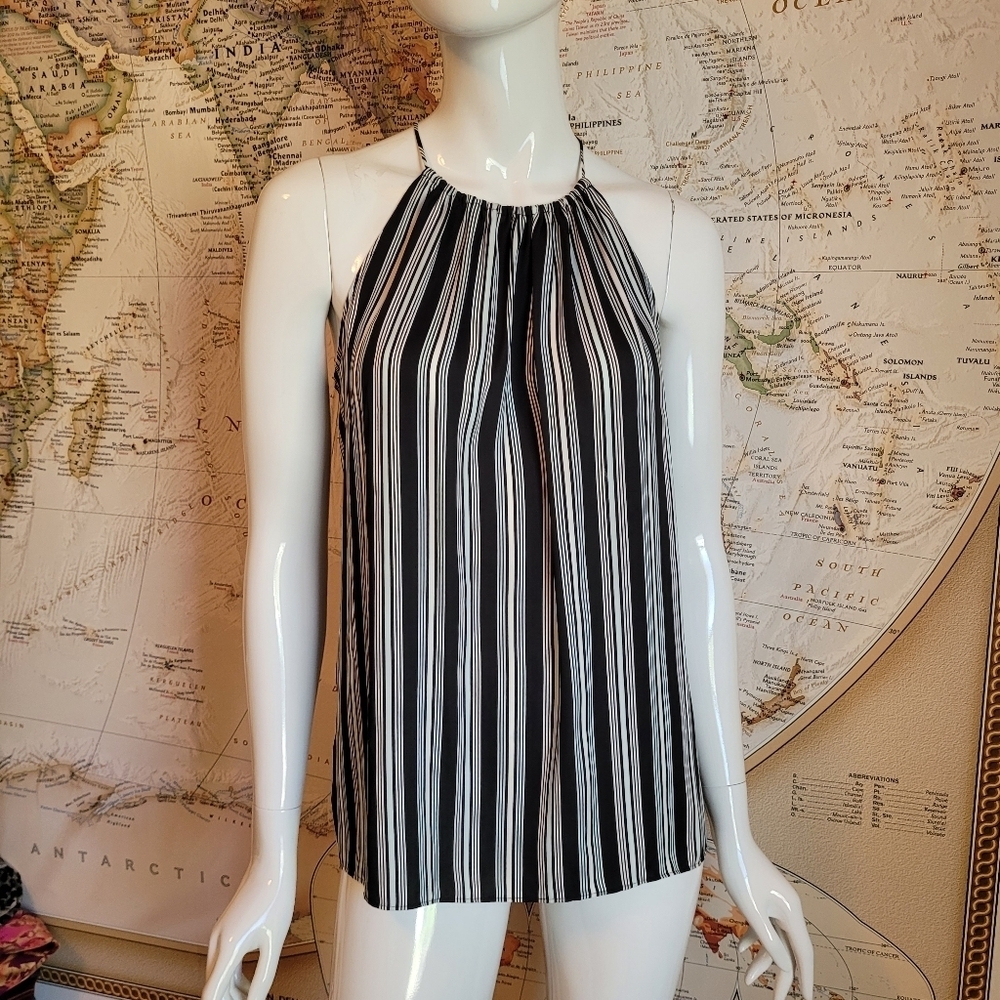 Ann Taylor Loft racer back tank black white aqua stripes halter neck vacation XS